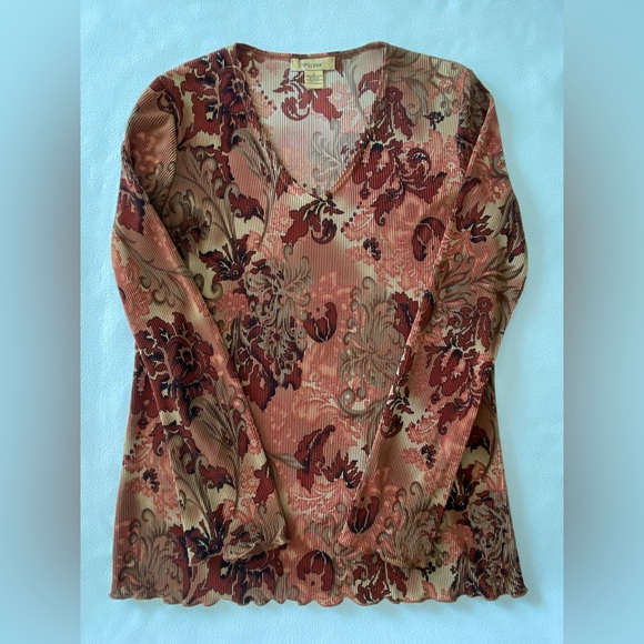 CHICO'S Plisse Top Women’s Small Pleated Stretchy BOHO Sheen V-Neck Blouse $99 - Picture 5 of 9